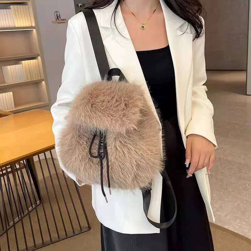 Plush Women Small Cute Drawstring Fluffy Bag Solid Color Soft Knapsack Winter Warm Faux Fur Shoulder Backpack Z260124