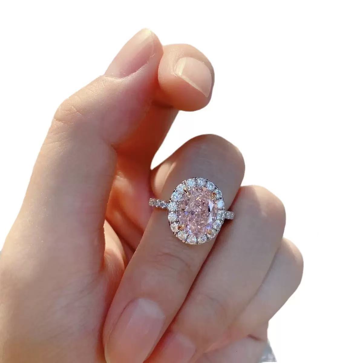 Tianyu Gems 6x85mm Oval Pink Lab Sapphire Ring Moissanite Diamond 10K 14k 18K White Gold Wedding Engagement Rings for Women