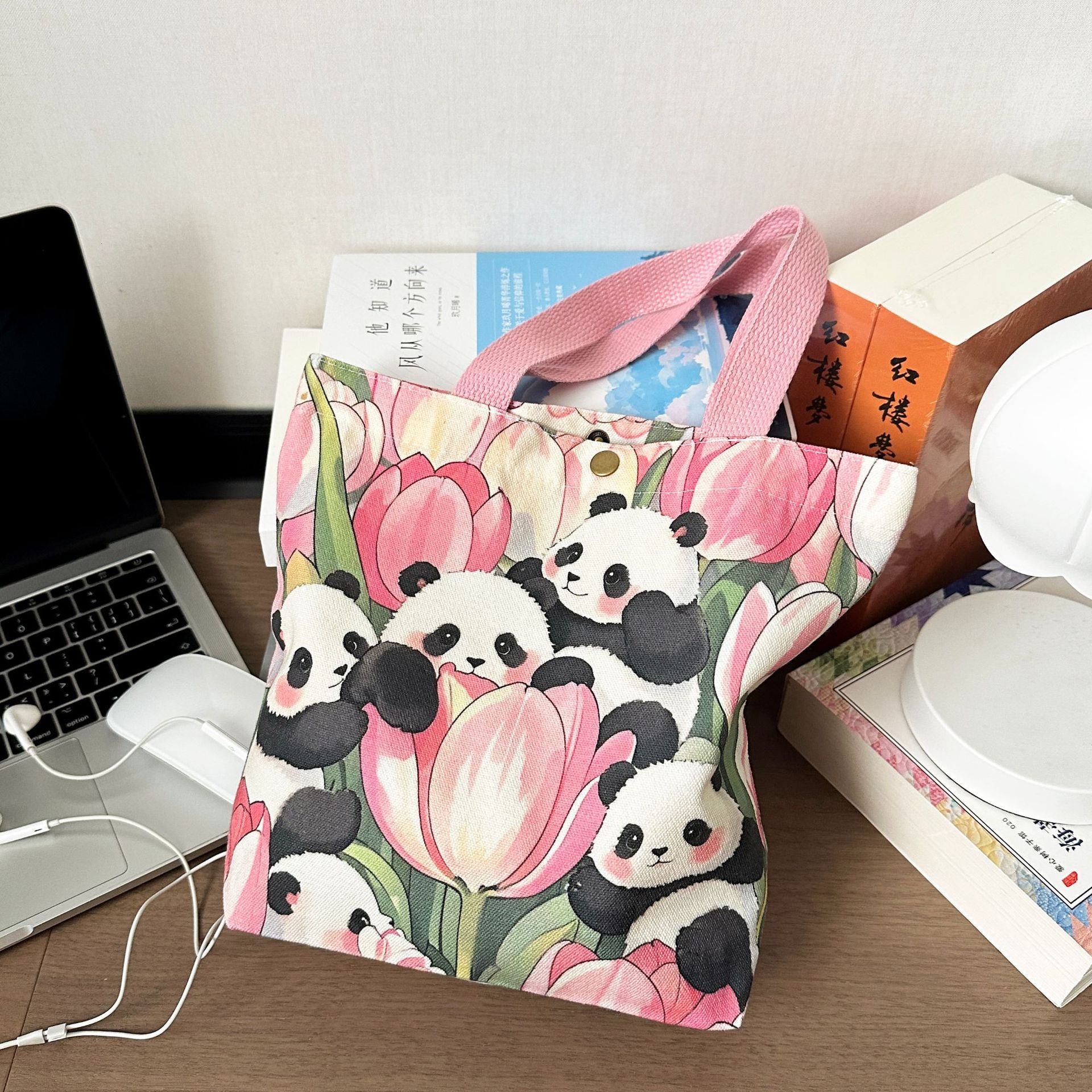 Cute Panda Small Tote Fashionable Outing Canvas Cartoon Lunch Bag Commuting Fashion Gift Handbag