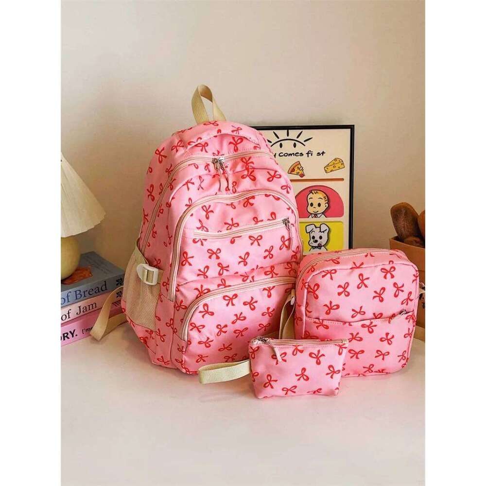 3 Pcs/Set Cute Backpack Large Capacity Bow Print Nylon School Backpacks Waterproof Adjustable Strap Travel Notebook Schoolbag Z260124