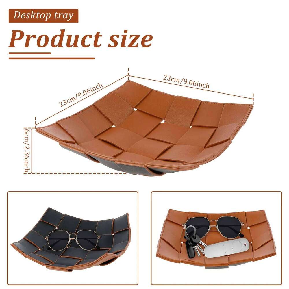 Leather Key Bowl Reversible Phone Wallet Coin Desktop Storage Tray Organizer Square Weave Nightstand