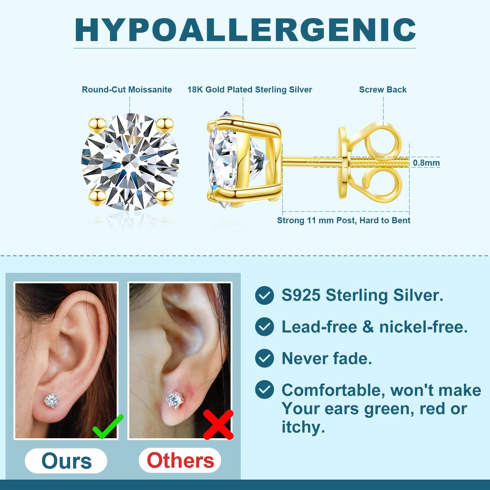 Luxury Mossanite Jewelry 3mm-11mm Classic Screw Back Gold 925 Sterling Silver VVS Moissanite Diamond Stud Earrings for Men Women