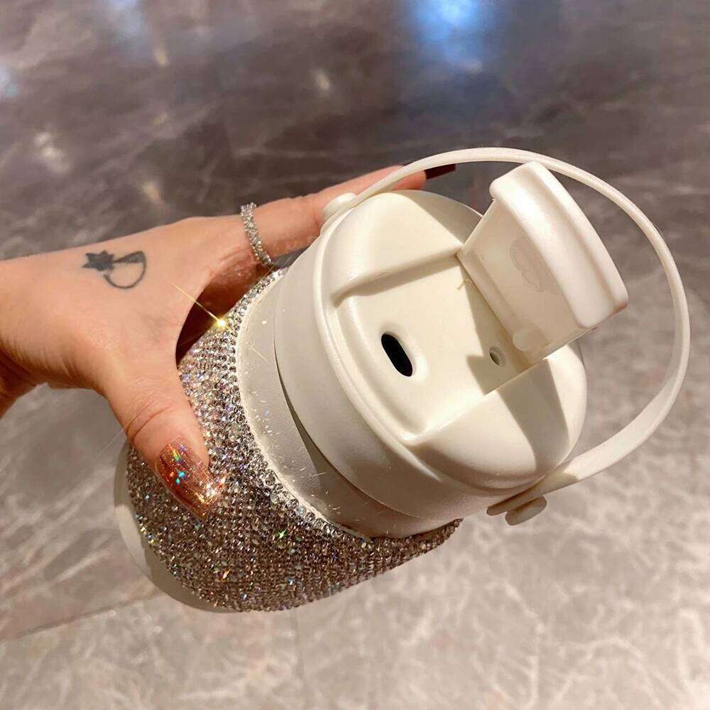 Luxury Rhinestone Stainless Steel Insulated Cup Tumbler Handle Coffee Mug Portable Thermal Water Bottle Travel Vacuum Flask Gift