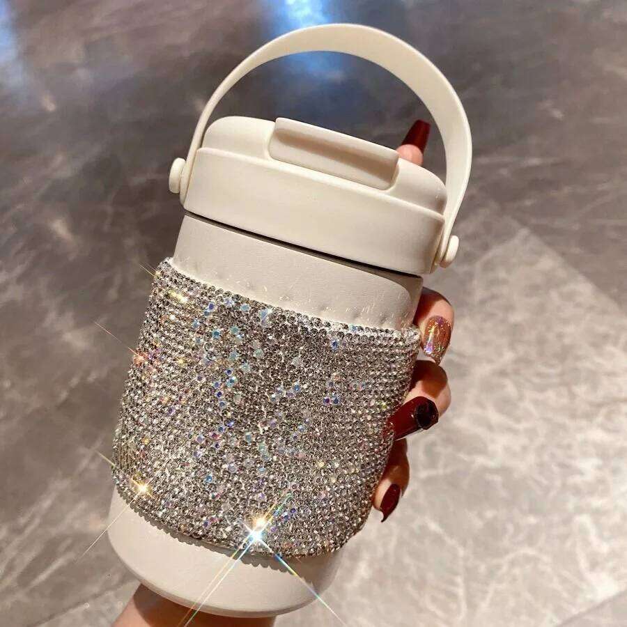 Luxury Rhinestone Stainless Steel Insulated Cup Tumbler Handle Coffee Mug Portable Thermal Water Bottle Travel Vacuum Flask Gift
