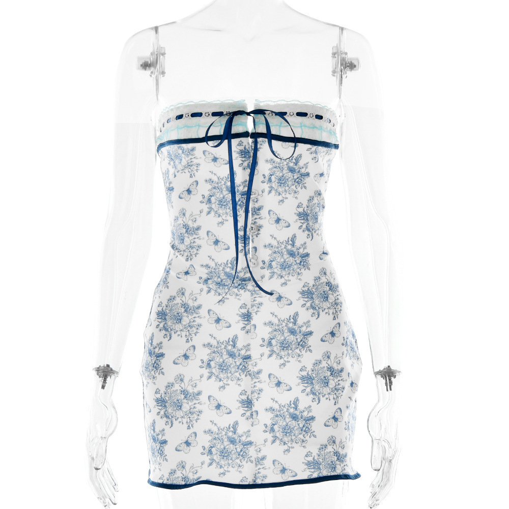 Spring and summer new print dress sexy hot girl backless strapping bra lace buttock skirt 230605