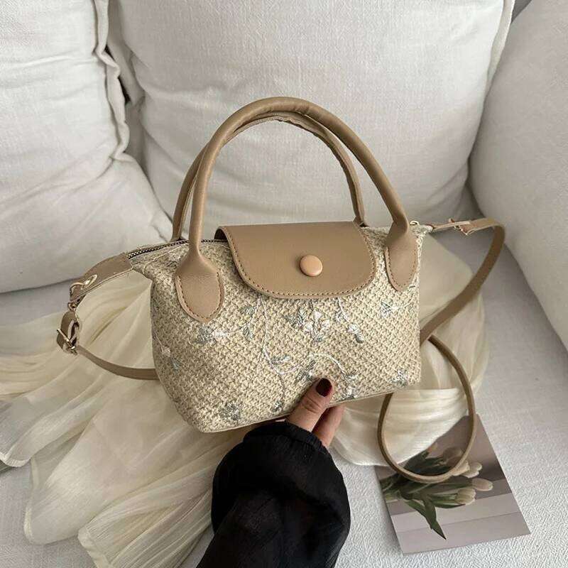 New Casual Straw Shoulder Crossbody Bag, Flower Small Top-handle Bags For Women, Travel Beach Handbags