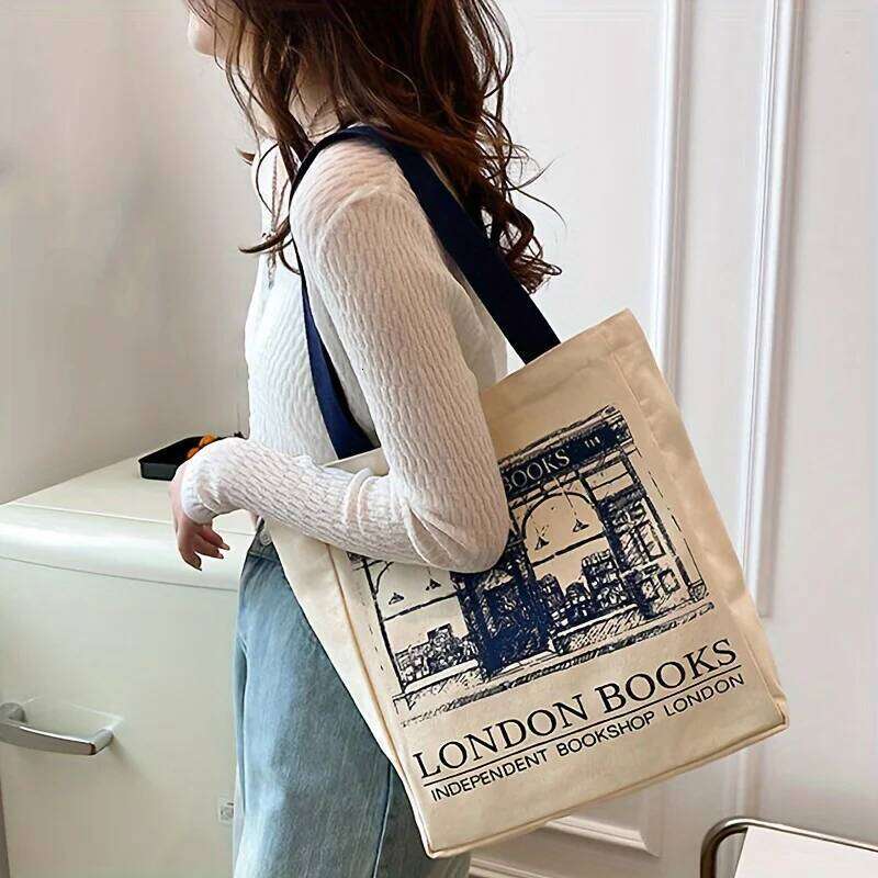 Large London Bookstore Canvas Tote Bag Stylish Womens Literary Shoulder Bag, Ideal for Book Lovers, Students, Everyday Shopping