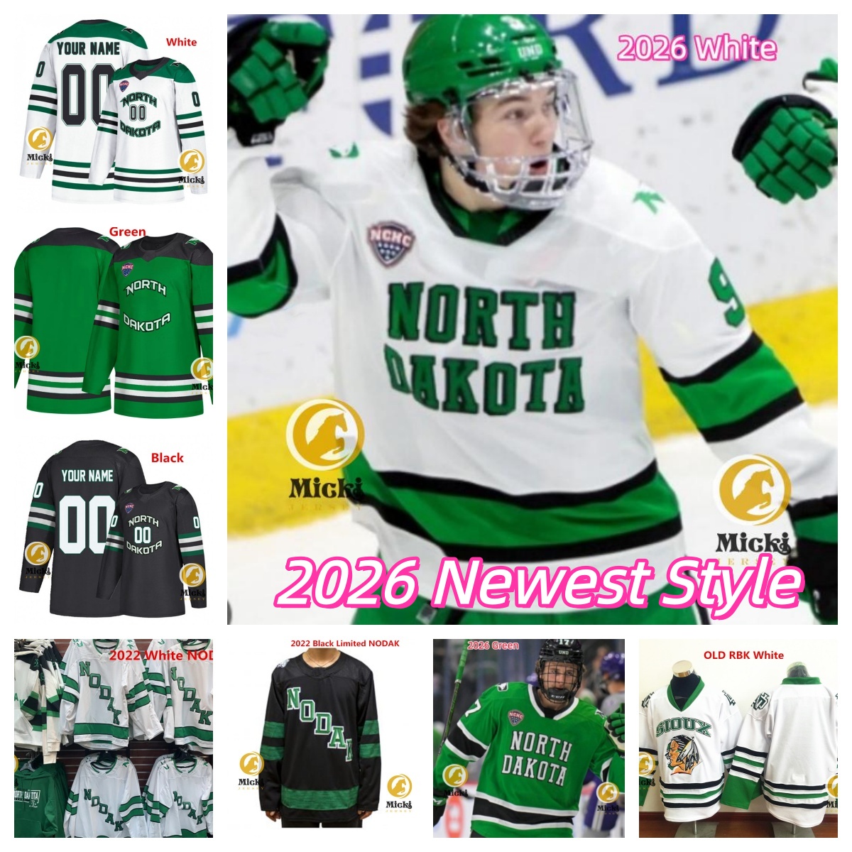 Jake Livanavage NorthDakota Hockey Jersey 9 Will Zellers 17 Cole Reschny 18 Keaton Verhoeff 34 Drew DeRidder 1 Zane McIntyre NorthDakota FightingHawks Jerseys