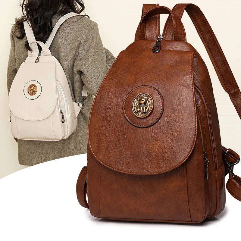 Retro women's synthetic leather backpack, adjustable shoulder straps, compartments, multiple carrying methods, suitable Z260124