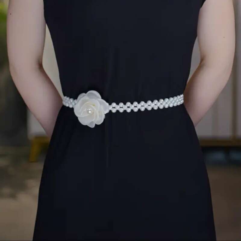 Belt Women Pearl Chain High-End Waist Cincher Korean Style Rhinestone Lazy Elastic Belt Accessory for Dresses Vintage Elegant Waistband
