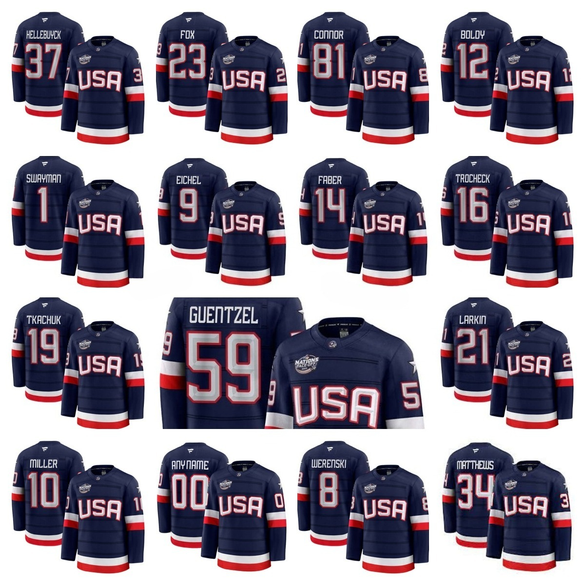 Men Women Youth USA 37 Connor Hellebuyck 16 Vincent Trocheck 14 Brock Faber 23 Adam Fox 1 Jeremy Swayman Custom Navy 2025 4 Nations Face-Off Premium Jersey