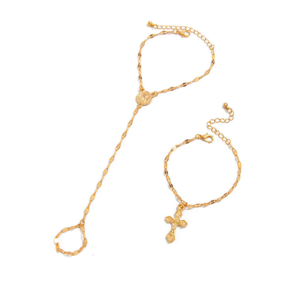 Bracelet Womens Back Hand Chain Set Coin Pendant Metal Cross Interlocking Niche Sophisticated Fashion Accessory