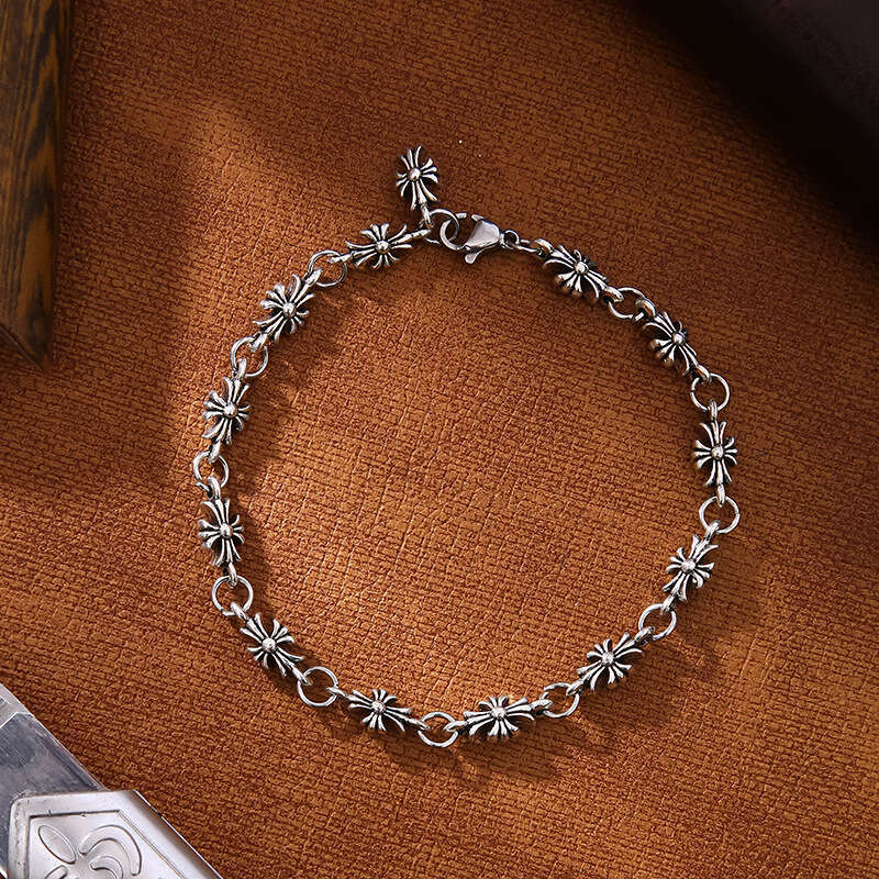 Unisex Vintage Silver Cross Flower Chain Bracelet Gothic Punk Toggle Clasp Jewelry Gothic Minimalist Fashion Jewelry