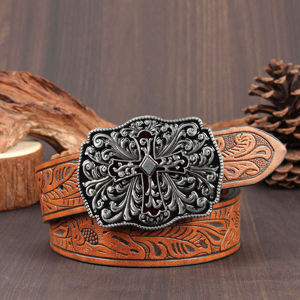 Men Belt Designer Free Shipping Gothic Retro Cross Buckle Embossed Pattern Versatile Waistband for Jeans Dresses