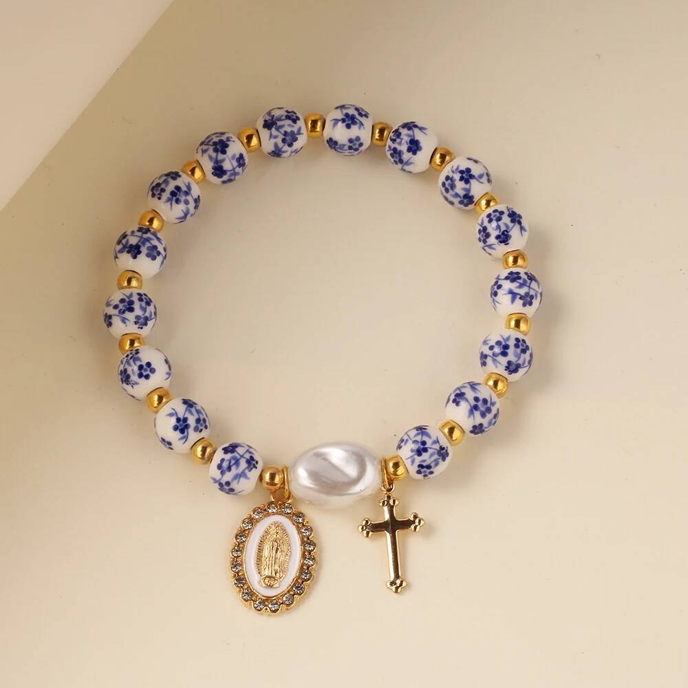 Cross bracelet women men blue porcelain Ceramics beads bangles jesus Ascension day western wear pulseras spring summer jewelry ddmynov