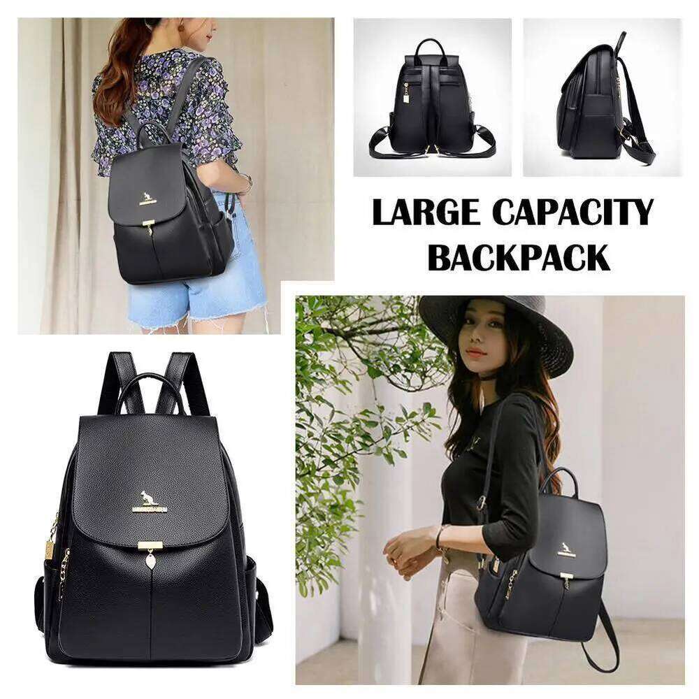 Women's Black backpacks Soft Leather Large capacity Daily Commuting Fashion Travel bag College student schoolbag Z260124