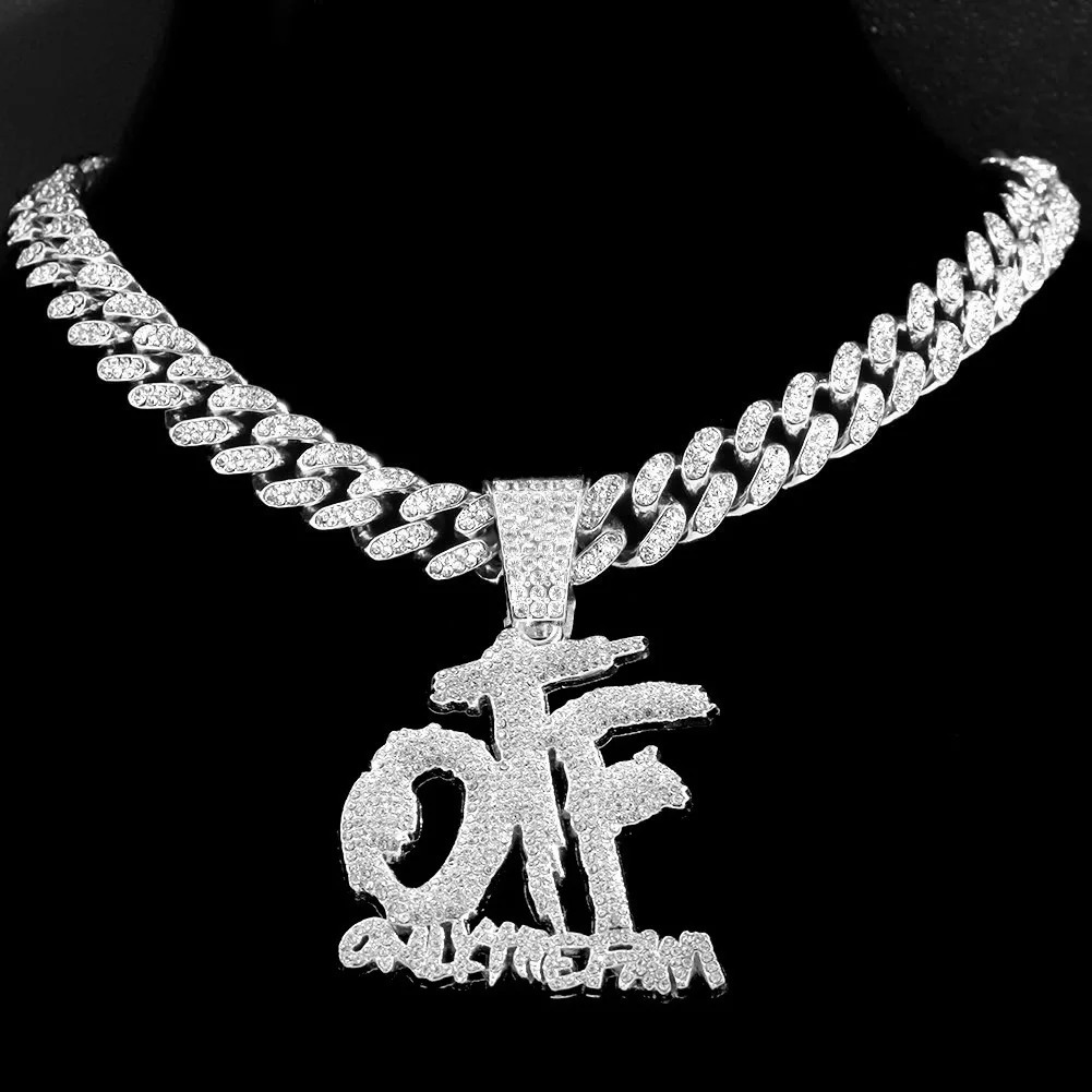 Hip Hop Style Full Drill OTF Letter Pendant Cuban Chain Necklace Trendy Cross-Border Street Dance Jewelry Unisex Alloy 260119