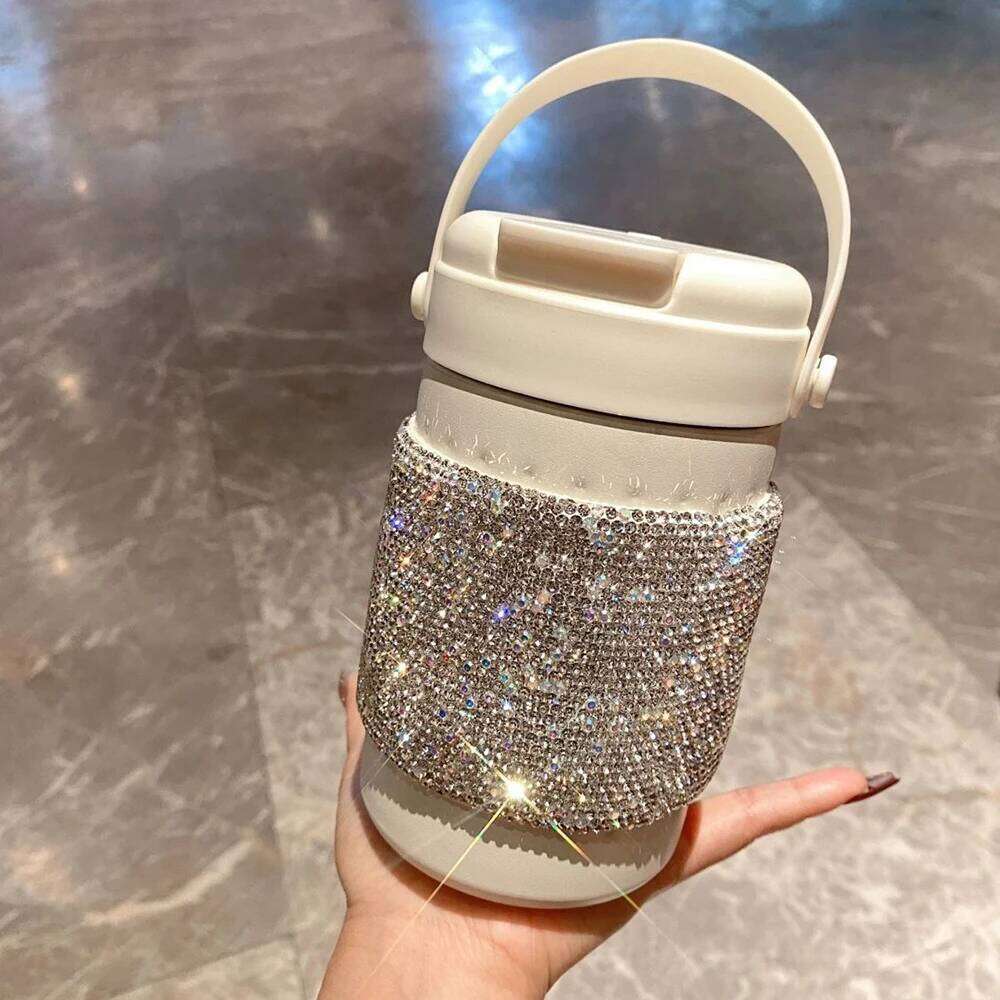Luxury Rhinestone Stainless Steel Insulated Cup Tumbler Handle Coffee Mug Portable Thermal Water Bottle Travel Vacuum Flask Gift