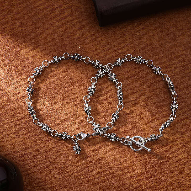 Unisex Vintage Silver Cross Flower Chain Bracelet Gothic Punk Toggle Clasp Jewelry Gothic Minimalist Fashion Jewelry