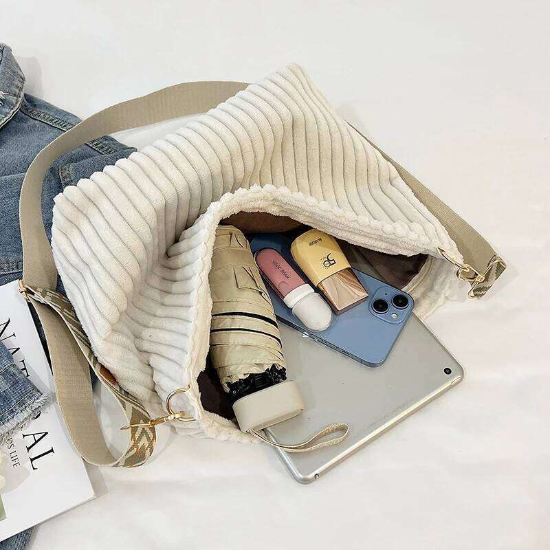 New Women Crossbody Soft Corduroy Shoulder Bag Large Capacity Female Purse With Zipper For Commute Outings Street Fashion Z260124