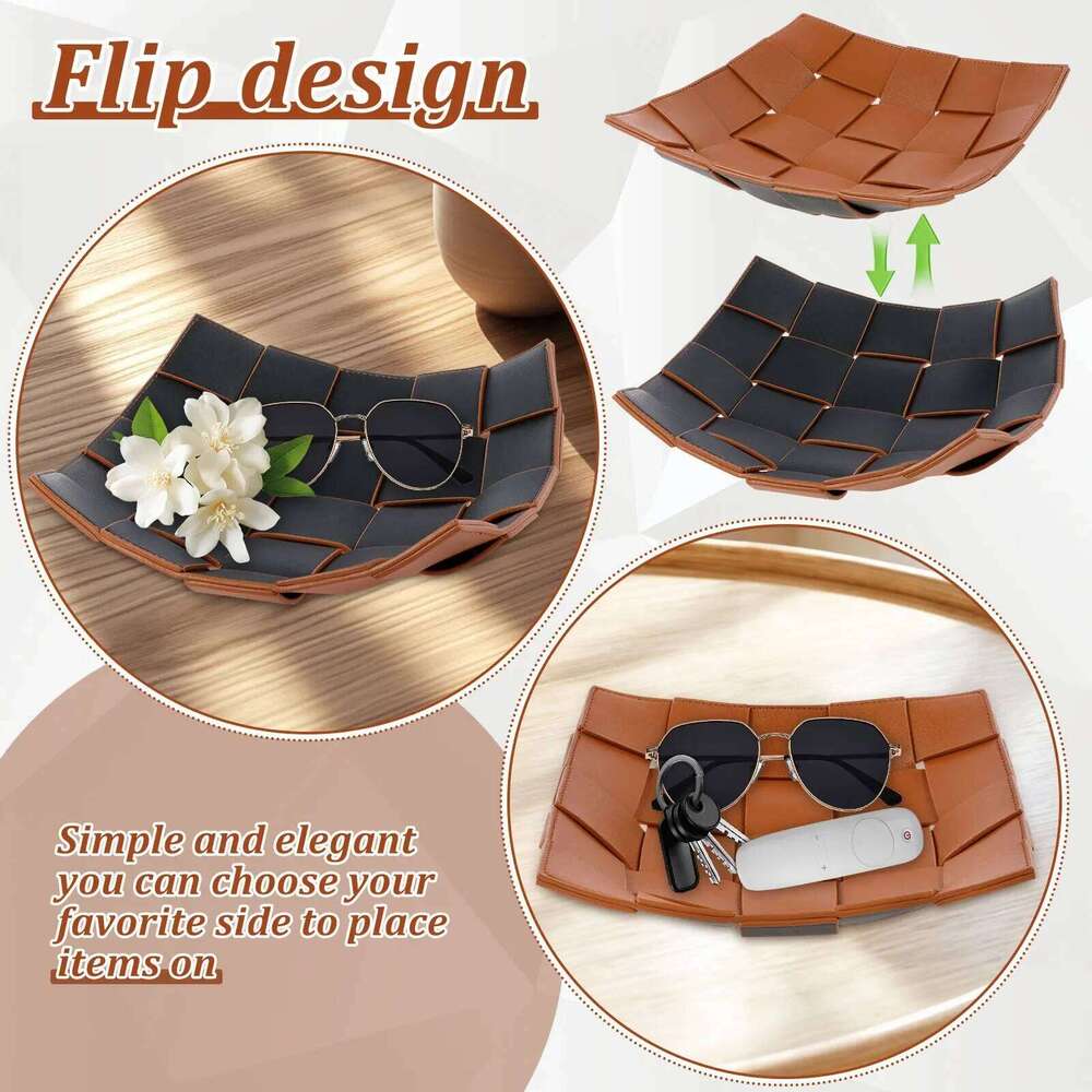 Leather Key Bowl Reversible Phone Wallet Coin Desktop Storage Tray Organizer Square Weave Nightstand