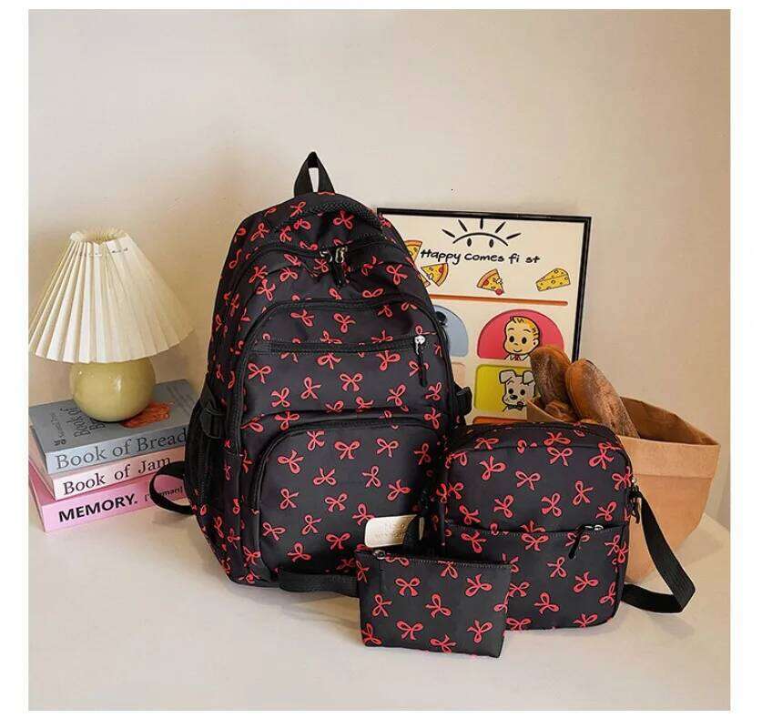 3 Pcs/Set Cute Backpack Large Capacity Bow Print Nylon School Backpacks Waterproof Adjustable Strap Travel Notebook Schoolbag Z260124