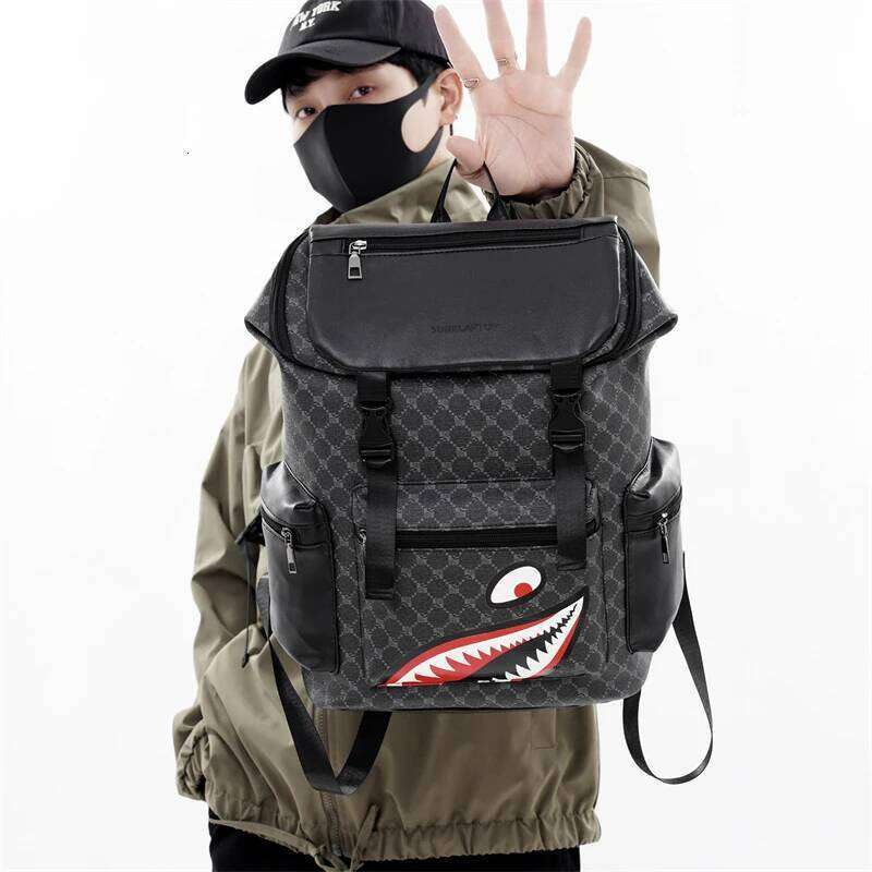 New Stylish Youth Street Gothic Shark Pattern Men's Backpacks Large Capacity Plaid Teenage Student School Backpack Z260124