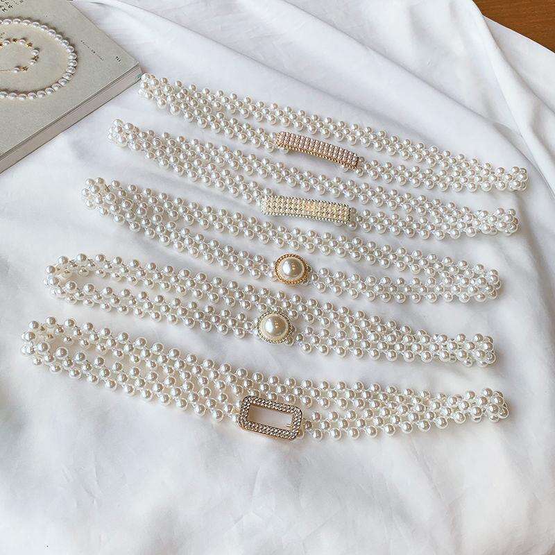 Belt Women Pearl Chain High-End Waist Cincher Korean Style Rhinestone Lazy Elastic Belt Accessory for Dresses Vintage Elegant Waistband