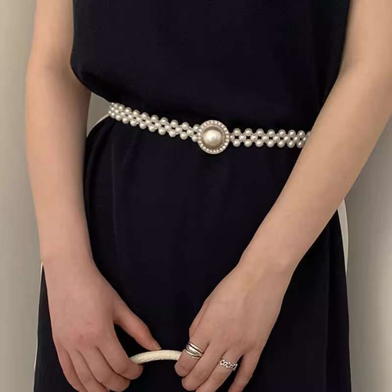 Belt Women Pearl Chain High-End Waist Cincher Korean Style Rhinestone Lazy Elastic Belt Accessory for Dresses Vintage Elegant Waistband