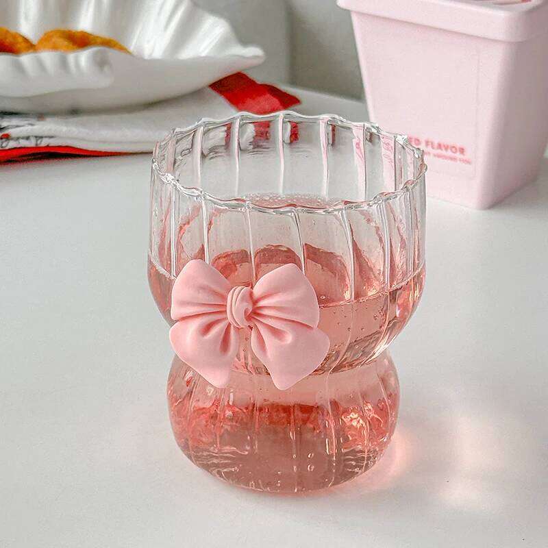 1pcs Pink Water Cartoon Bow Glass Cup Striped Cute Doodle Coffee Mug Household Fruit Tea Lemonade Girls Gift