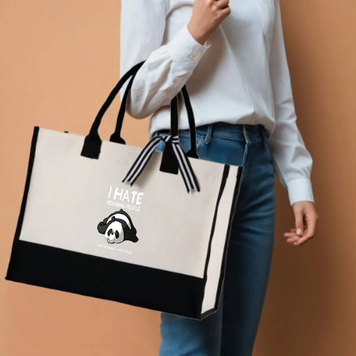 I Hate Morning People Panda Illustration Versatile Patchwork Canvas Carryall For Beach Trips