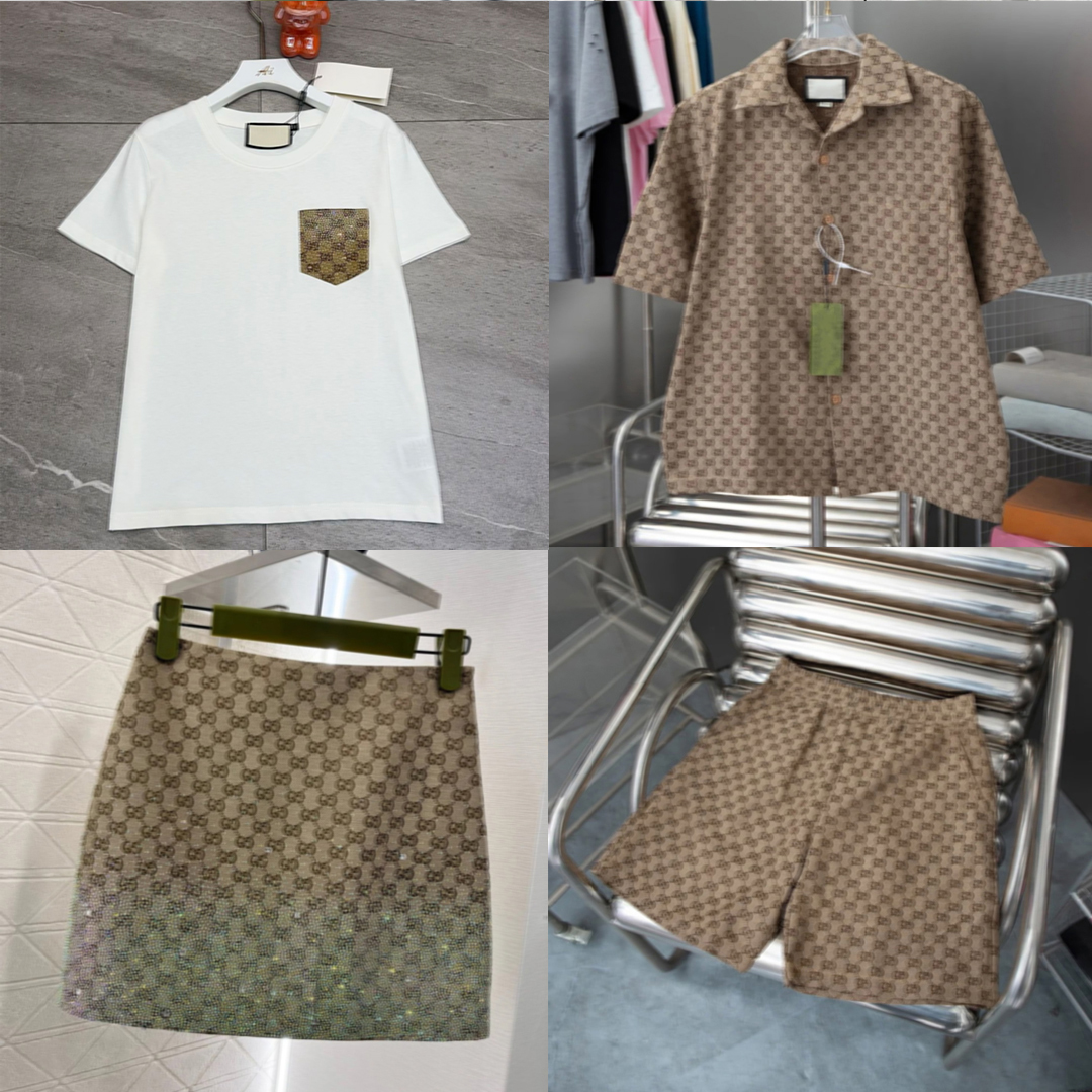 Beach Allover Print Shirts Men Designer Womens Two Piece Dress Letter Jacket Streetwear Rhinestone Casual T shirt Short Sleeve skirt Shorts Sets Suit Oversize