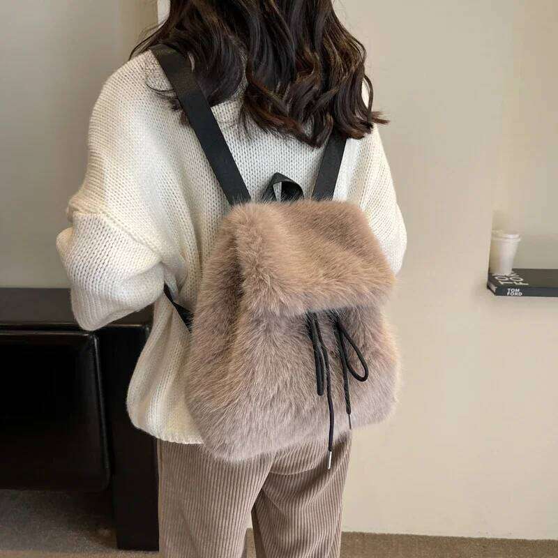 2026 Casual Faux Fur Backpack for Women Drawstring Flap Closure Large Capacity School Bag Trendy Travel Z260124
