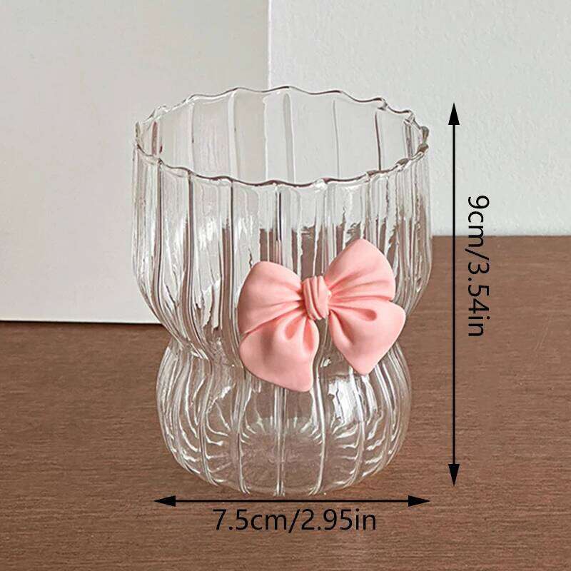 1pcs Pink Water Cartoon Bow Glass Cup Striped Cute Doodle Coffee Mug Household Fruit Tea Lemonade Girls Gift
