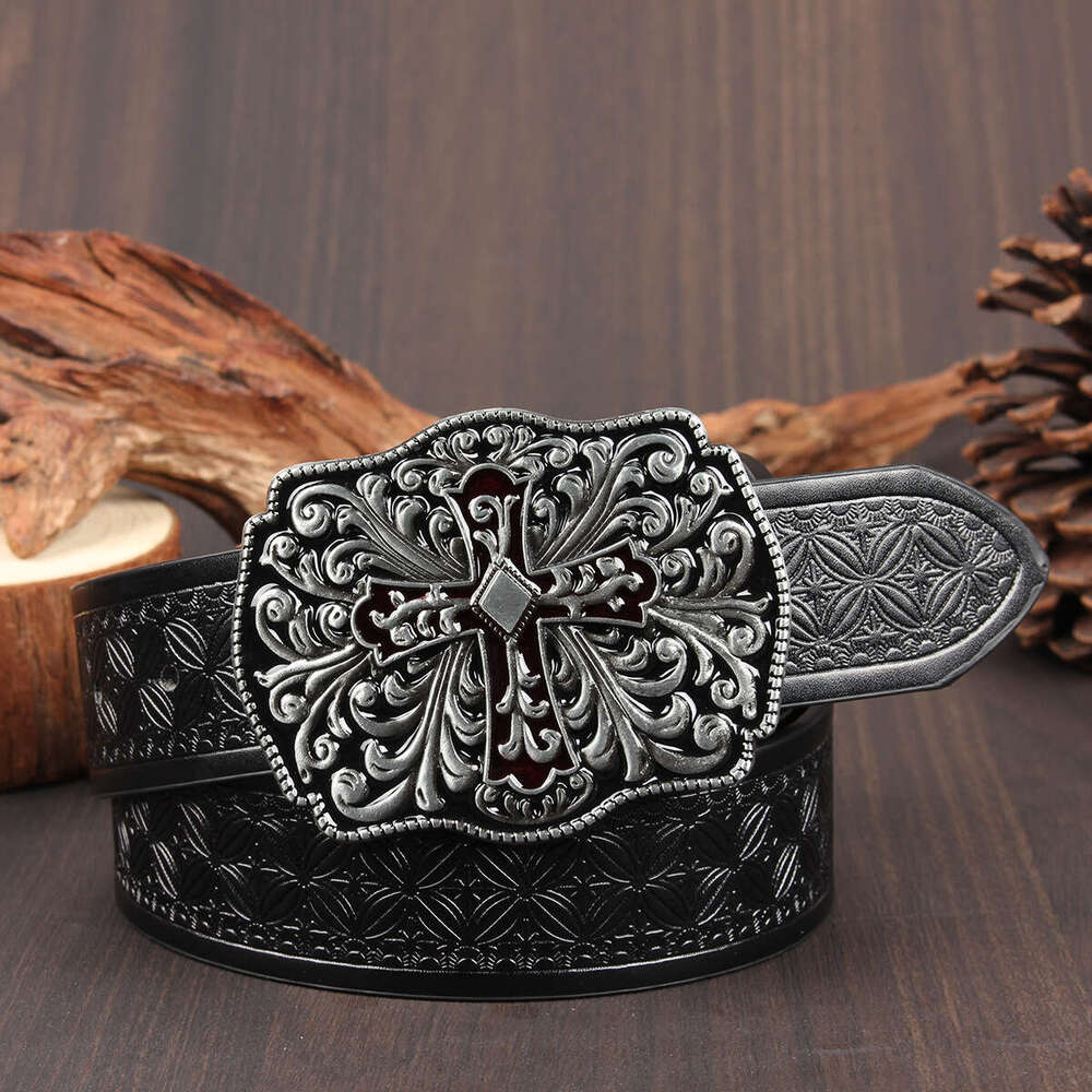 Men Belt Designer Free Shipping Gothic Retro Cross Buckle Embossed Pattern Versatile Waistband for Jeans Dresses