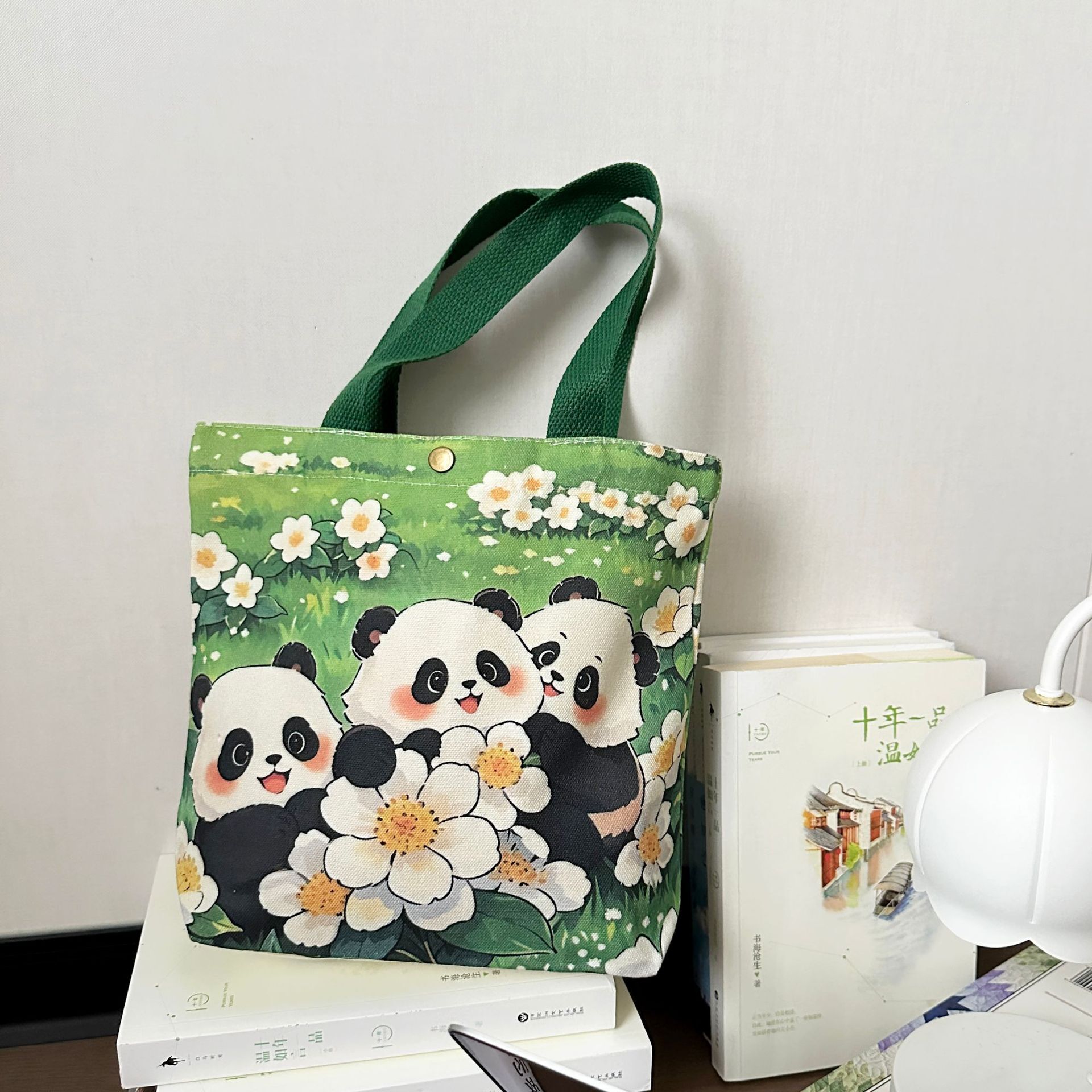 Cute Panda Small Tote Fashionable Outing Canvas Cartoon Lunch Bag Commuting Fashion Gift Handbag