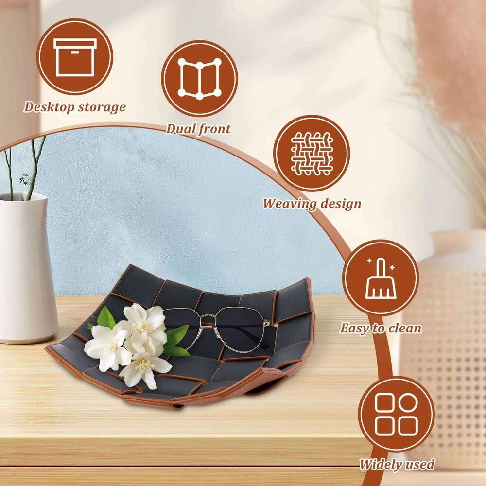 Leather Key Bowl Reversible Phone Wallet Coin Desktop Storage Tray Organizer Square Weave Nightstand
