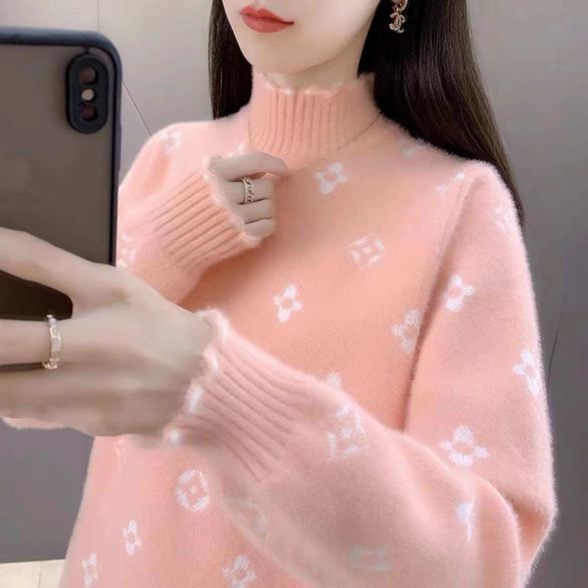 Thickened half high collar marten wool imitation womens new college style loose western-style knitting base coat in autumn and winter of 2022