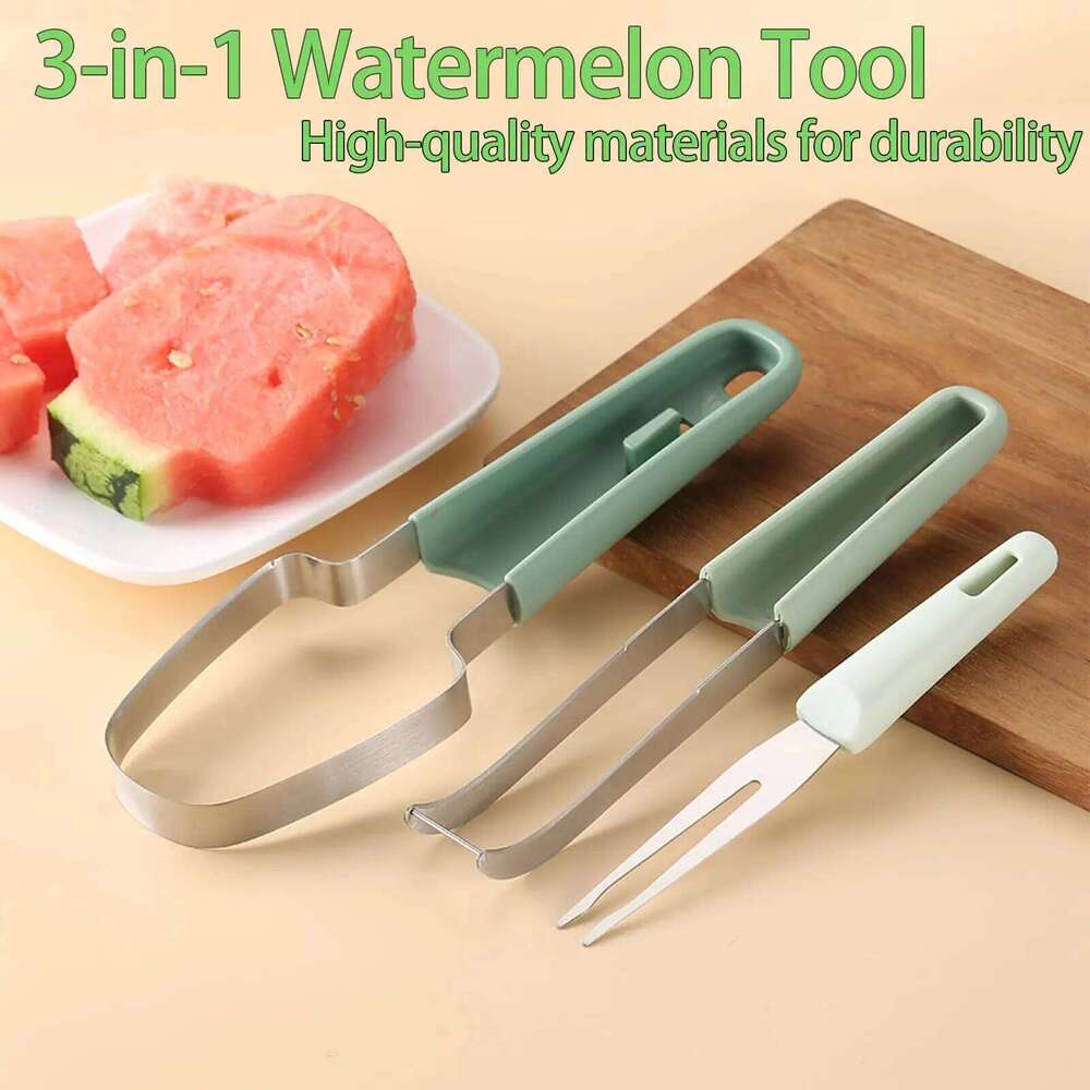 3-in-1 Cutter, 2024 Stainless Steel Fruit Watermelon Cutting Tool Fork Slicer Knife Set for Home Kitchen