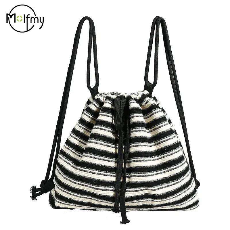 Bags Large Capacity Drawstring Backpack Shoulder Handbag Fashion Women Knitted Stripe backpack Back To School 2024 Z260124