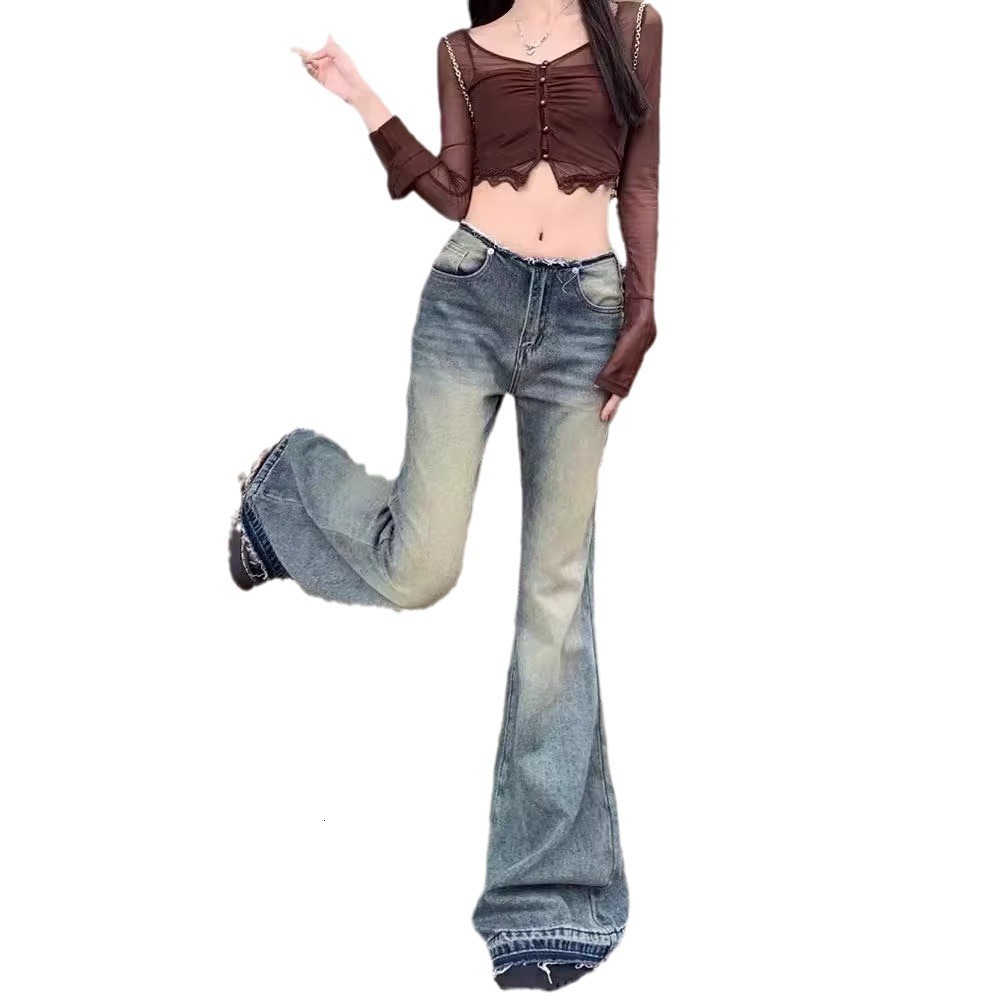 Niche Style Washed Gradient Blue High Elasticity Floor-length Casual Micro-flare Slimming Denim Jeans For Men Women Trendy 240823