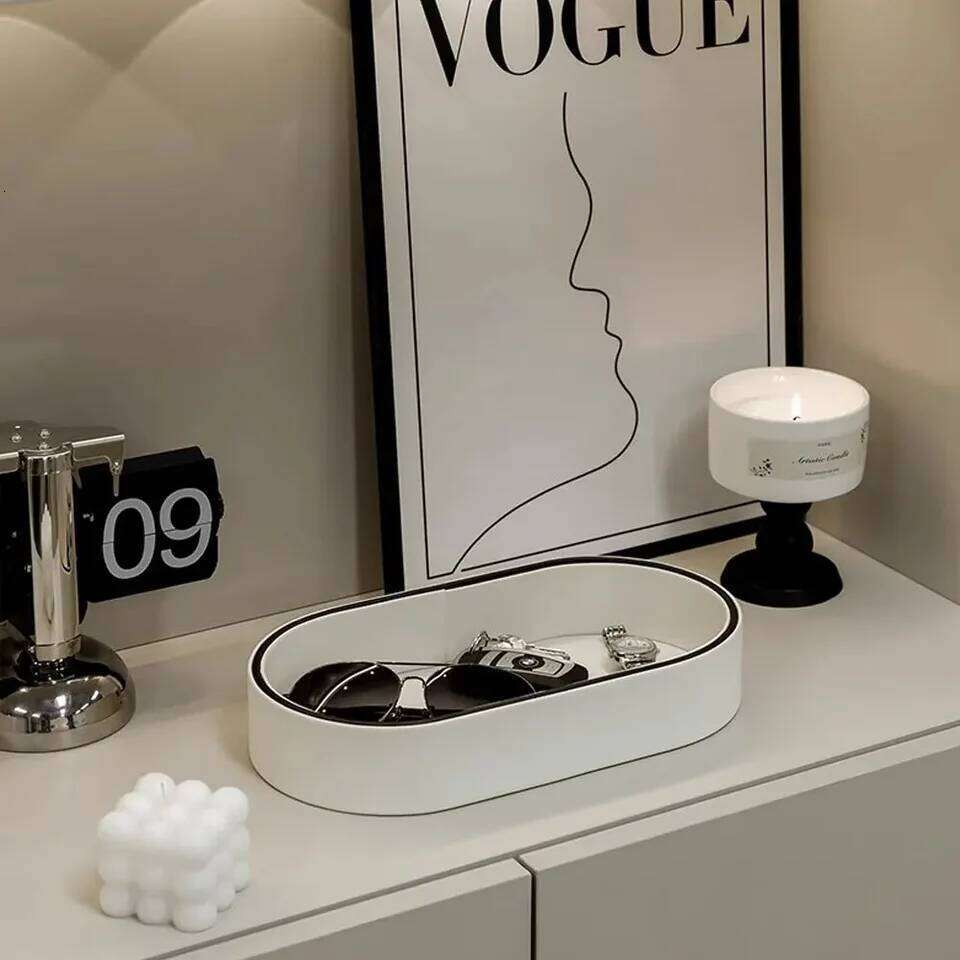 PU Leather Storage Entrance Jewelry Organizer Box Desktop Cosmetics Miscellaneous Tray Home Living Room Decoration