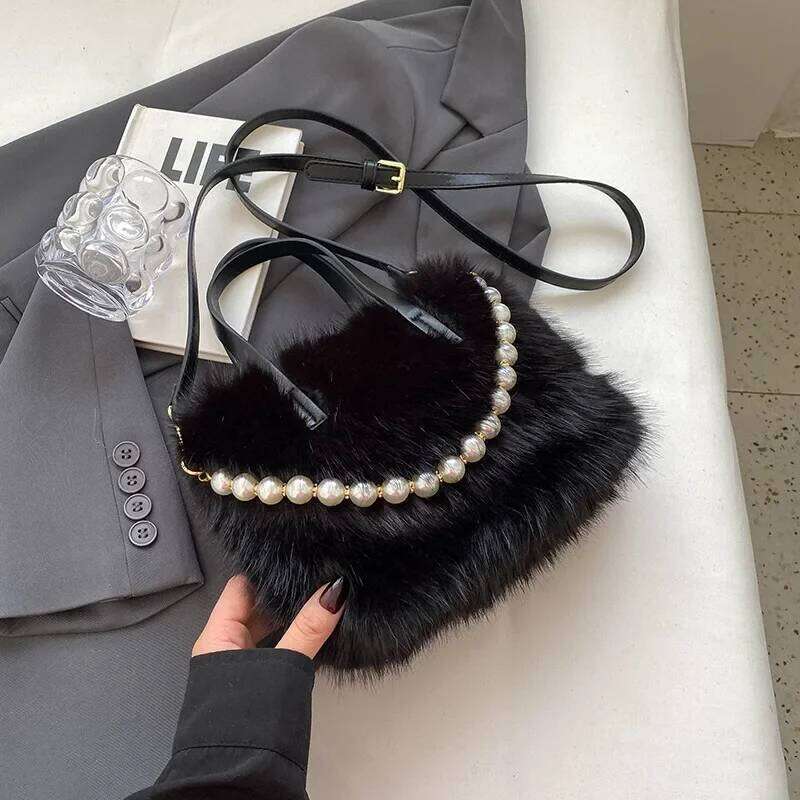 Winter Fashion Faux Fur Crossbody Bags for Women's Gift, Pearl Chain Decor Shoulder Bag, Ladies Handbags Top-handel Bag Z260124