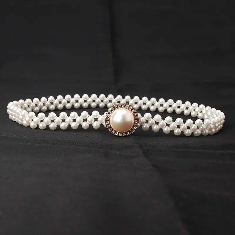 Belt Women Pearl Chain High-End Waist Cincher Korean Style Rhinestone Lazy Elastic Belt Accessory for Dresses Vintage Elegant Waistband