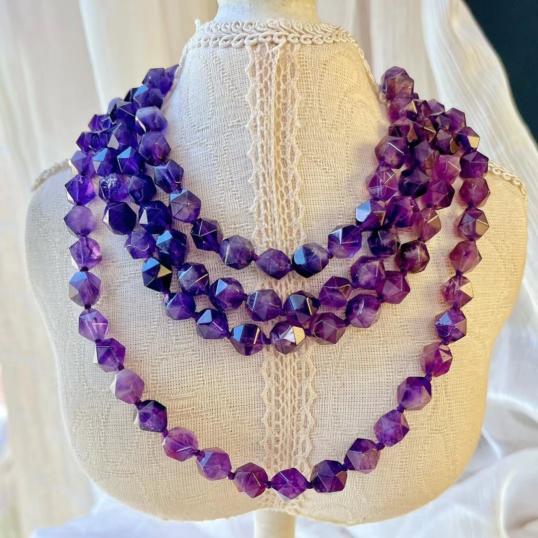 Natural face amethyst gemstone necklace 925 sterling silver 16.5-inch beads 8MM 241210