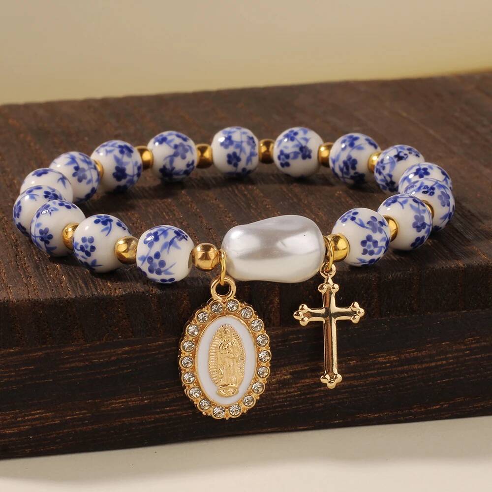 Cross bracelet women men blue porcelain Ceramics beads bangles jesus Ascension day western wear pulseras spring summer jewelry ddmynov