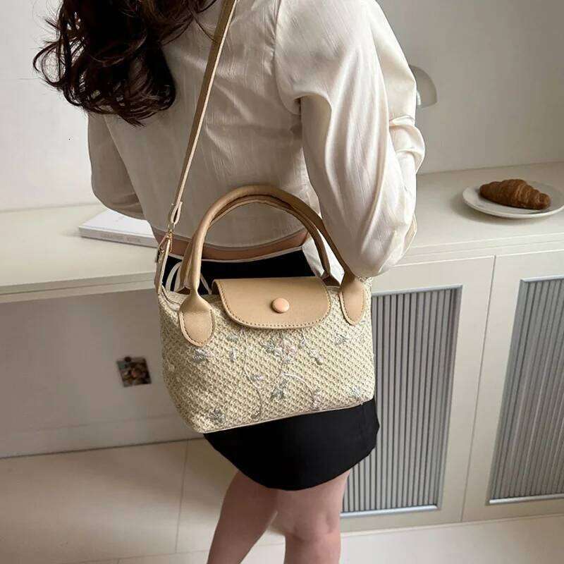 New Casual Straw Shoulder Crossbody Bag, Flower Small Top-handle Bags For Women, Travel Beach Handbags