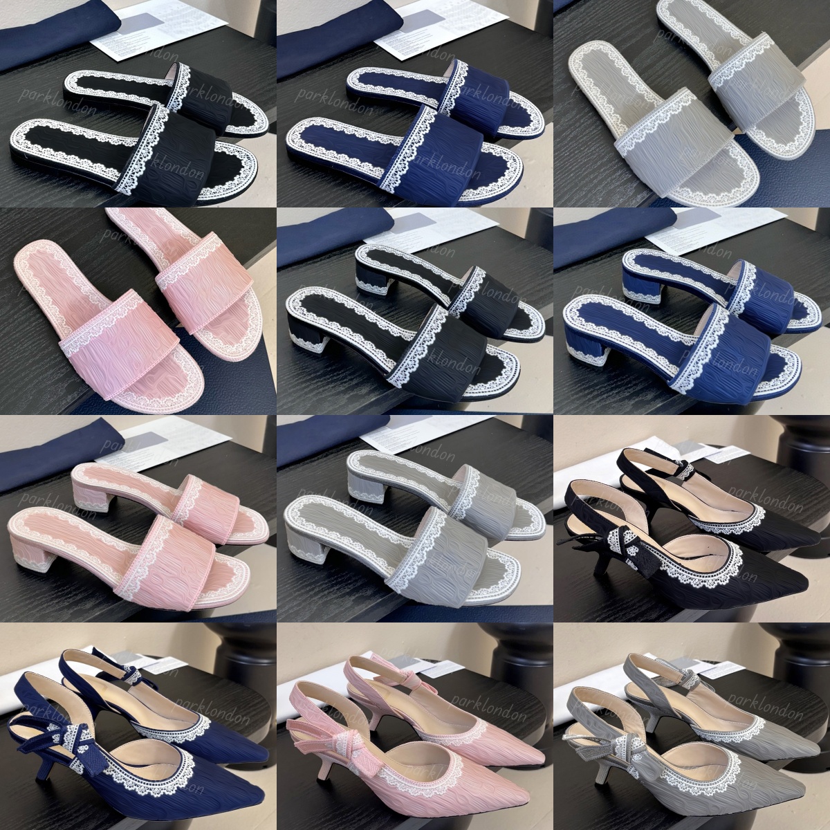 (please go off pictures) Designer Women's Embroidery Lace Sandals Flat Slides and Thick heel 4.5cm Sandals Thin Heel Pointed Toe Slides Girls' Sandals Letters 34286