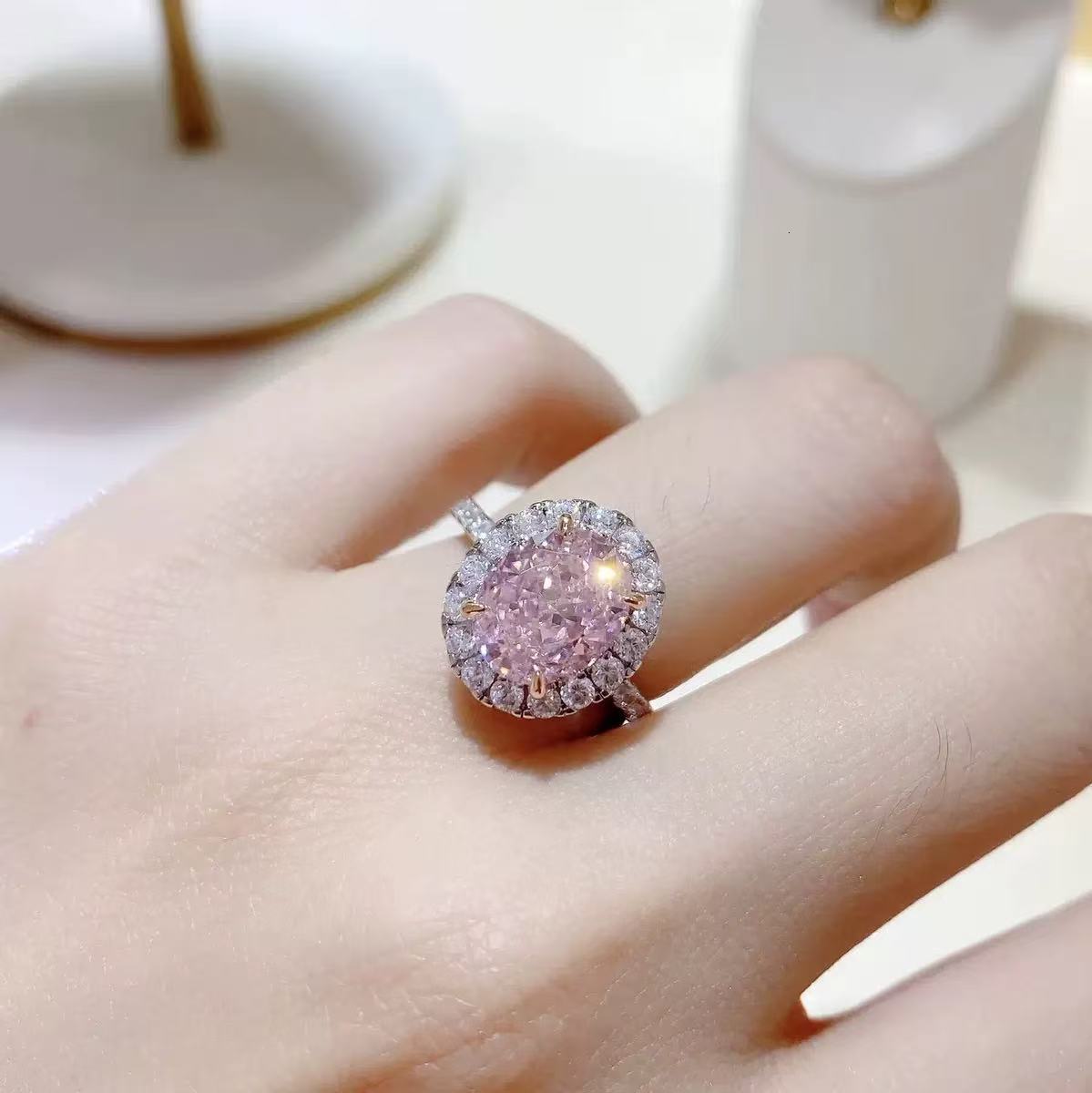 Tianyu Gems 6x85mm Oval Pink Lab Sapphire Ring Moissanite Diamond 10K 14k 18K White Gold Wedding Engagement Rings for Women