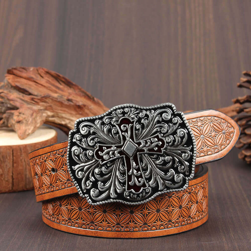 Men Belt Designer Free Shipping Gothic Retro Cross Buckle Embossed Pattern Versatile Waistband for Jeans Dresses